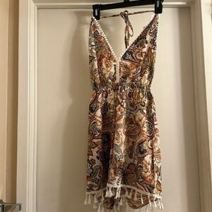 Preloved paisley backless romper with embellished pompom hem and bodice size M